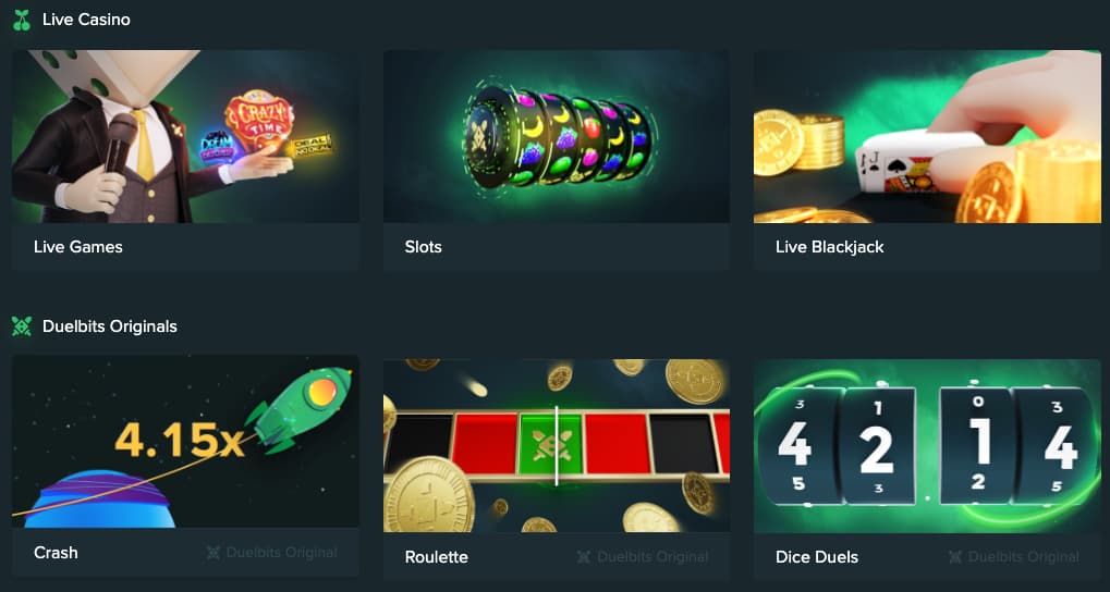 Duelbits homepage showing their games catalog with slots, crash, roulette, dice, live casino and blackjack