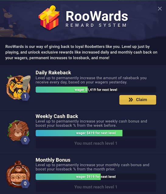 Roowards bonus section on Roobet
