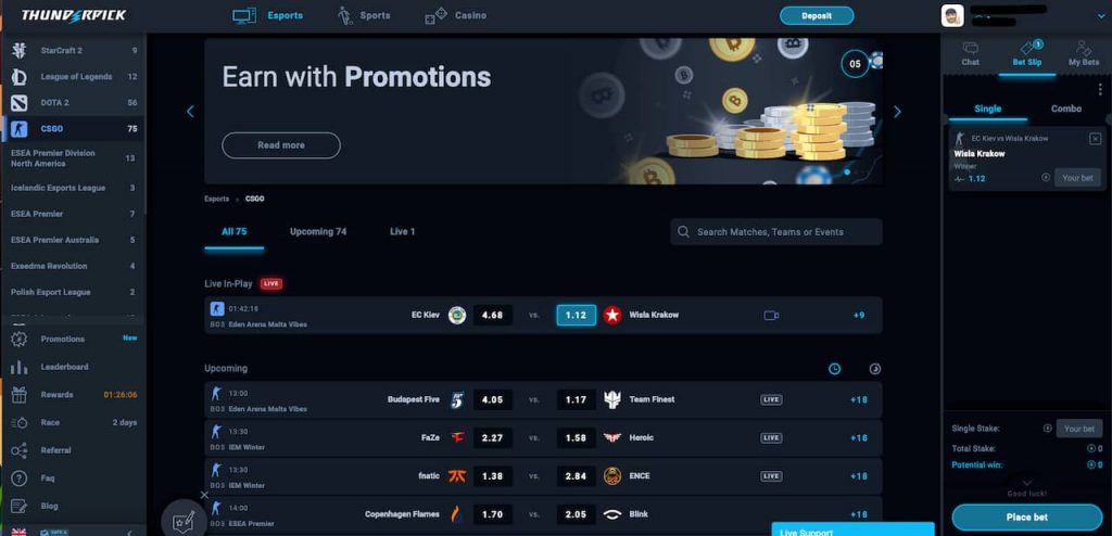 Screenshot of the CSGO betting platform on Thunderpick with odds and live matches