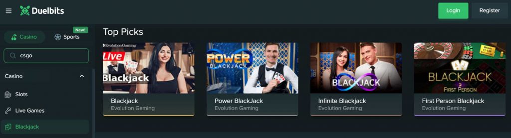Blackjack games available on Duelbits