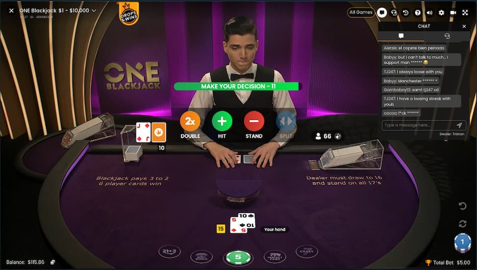 live dealer dealing cards at blackjack table